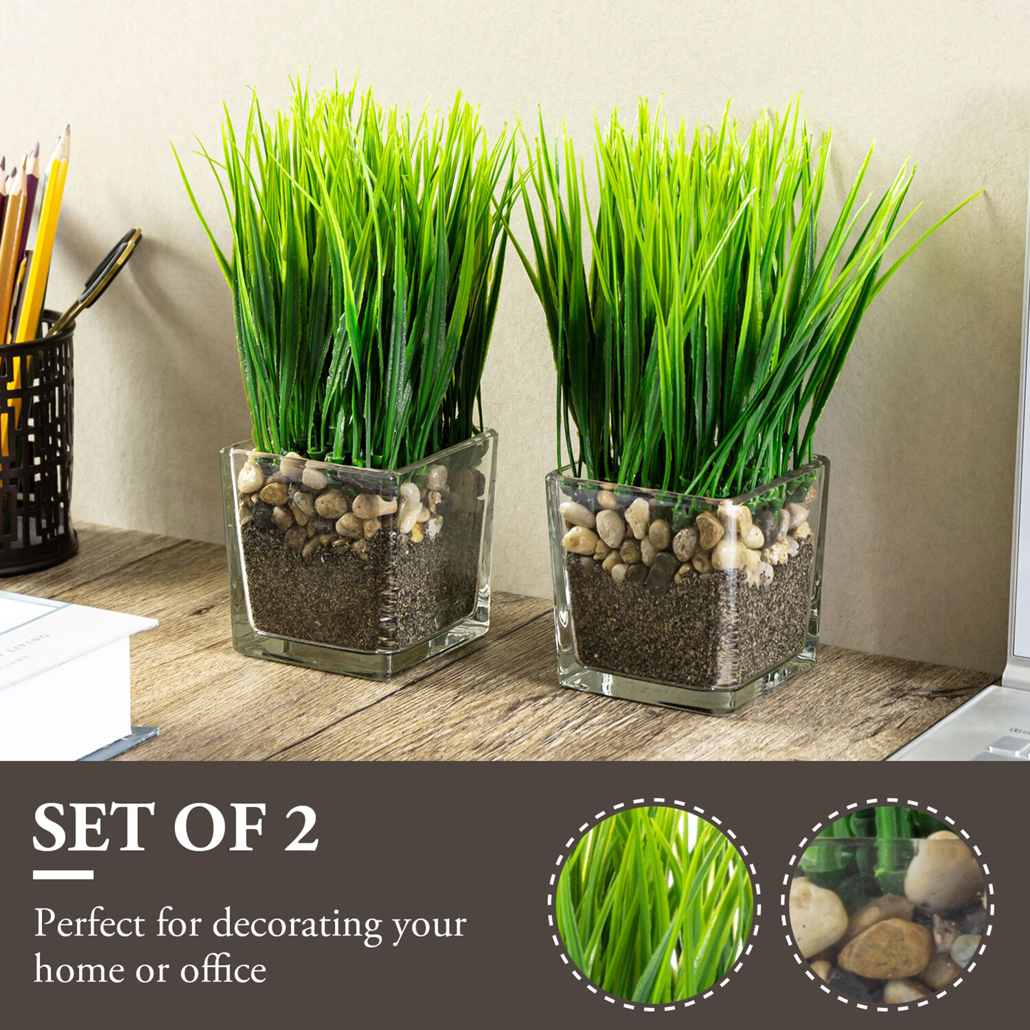 Decorative Potted Greenery Plant in Tabletop Planter Artificial Grass, Set of 2