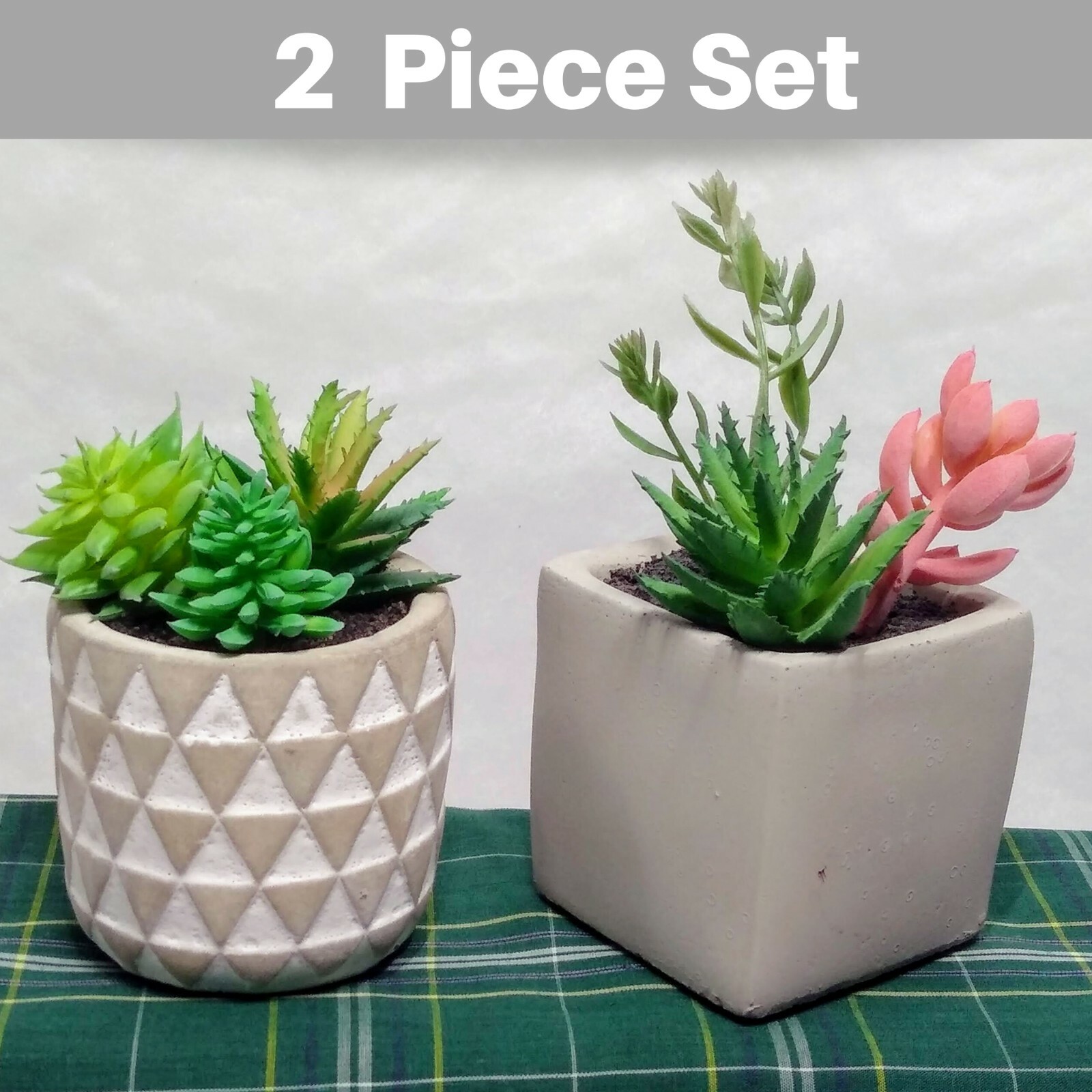 🌼 4.25″ & “5” Artificial Echeveria & Sedum Succulents in Cement Pots – Set of 2