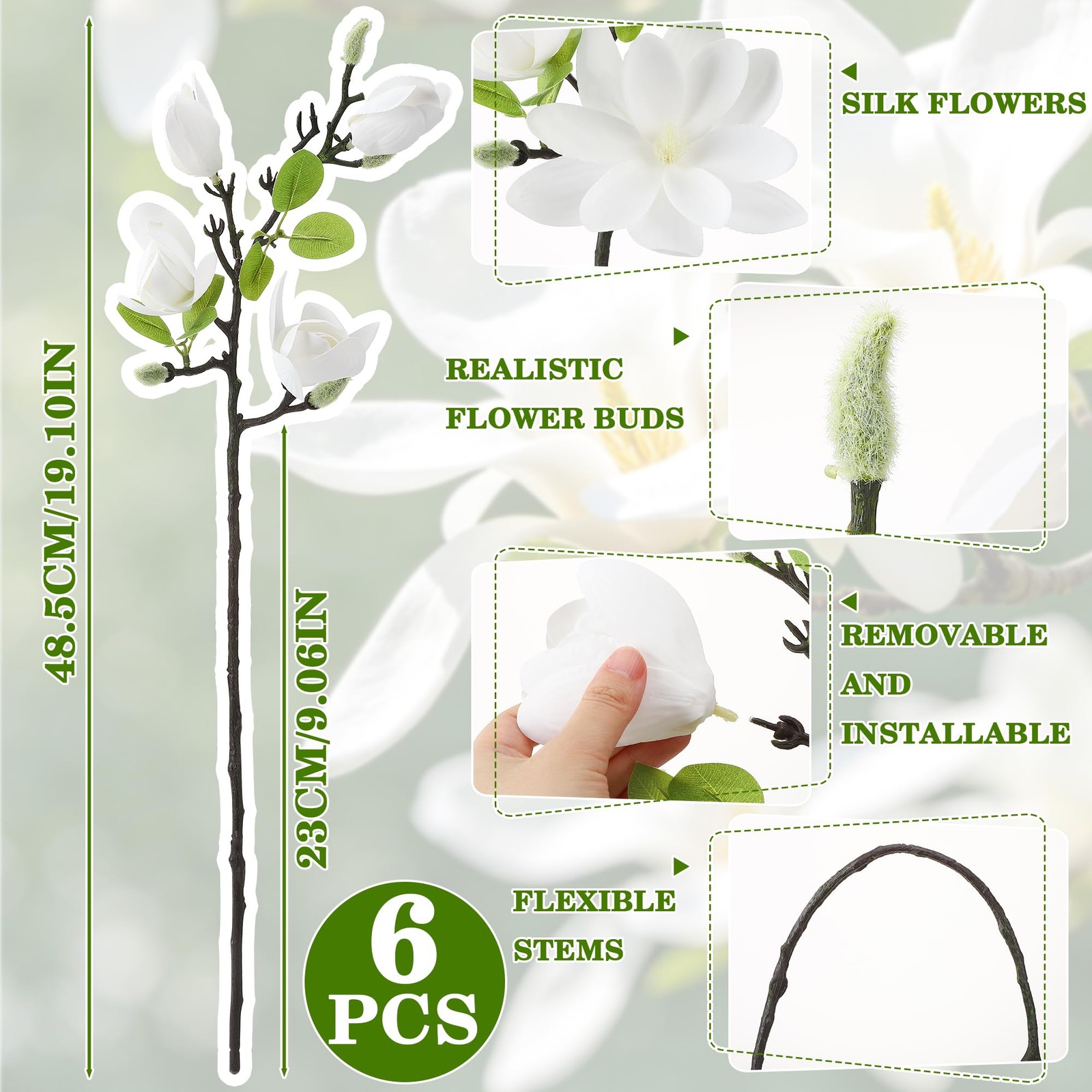 6 PCS Artificial Magnolia Flowers Stems