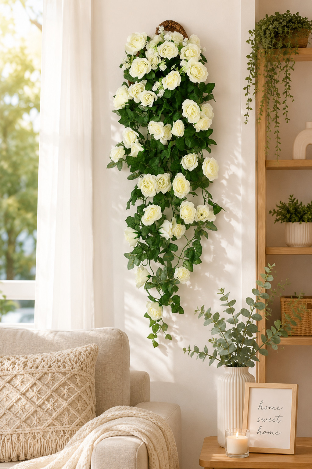 90cm White Artificial Rose Hanging Vine Fake Flower Garland Home Garden Decor