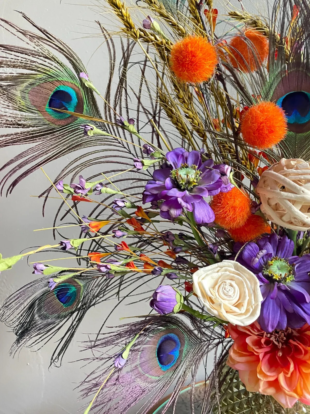 Peacock Centerpiece: Earthy Floral Arrangement, Cute Purple & Orange Room Decor