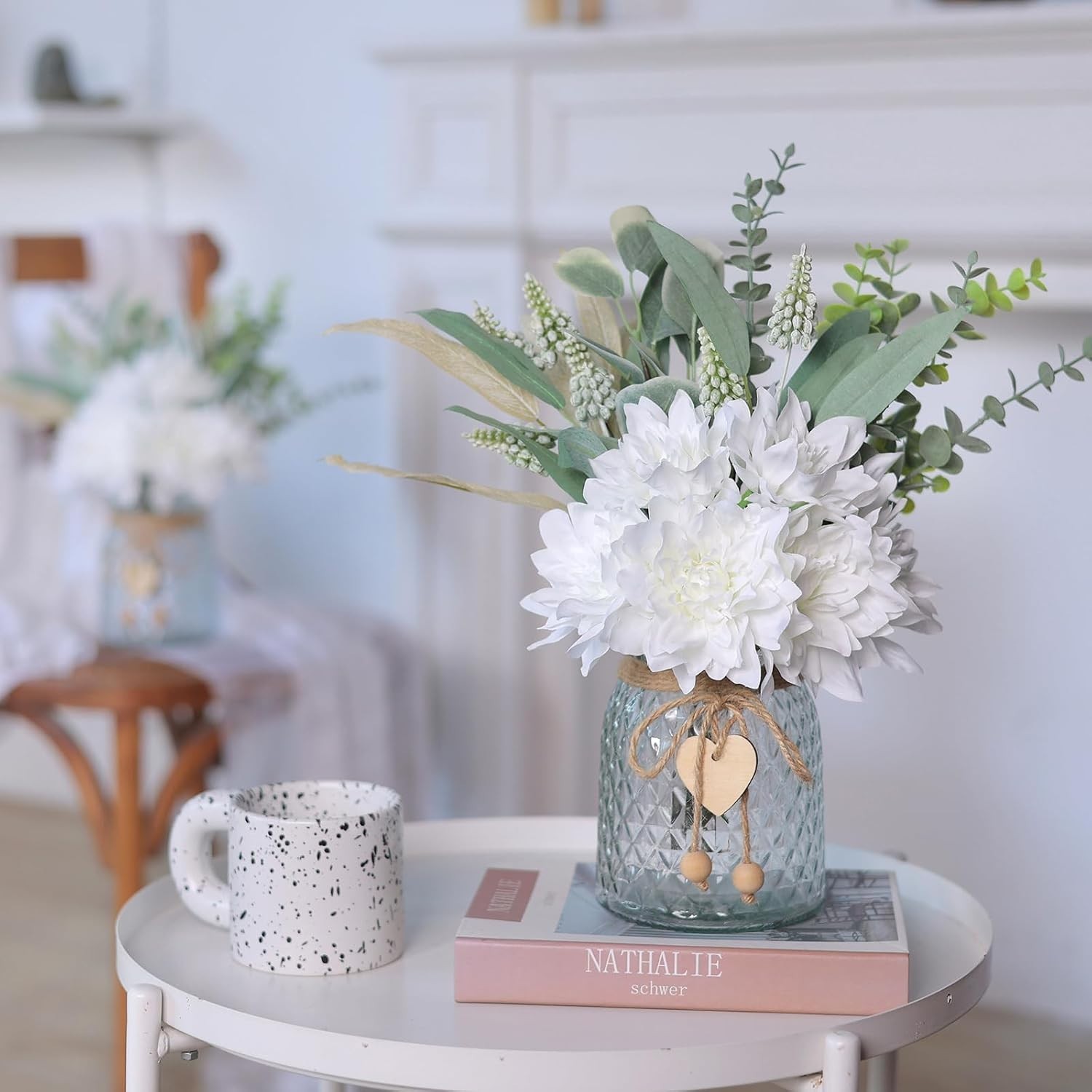 Beautiful Faux Dahlia and Eucalyptus Flowers in Vase – 14.5