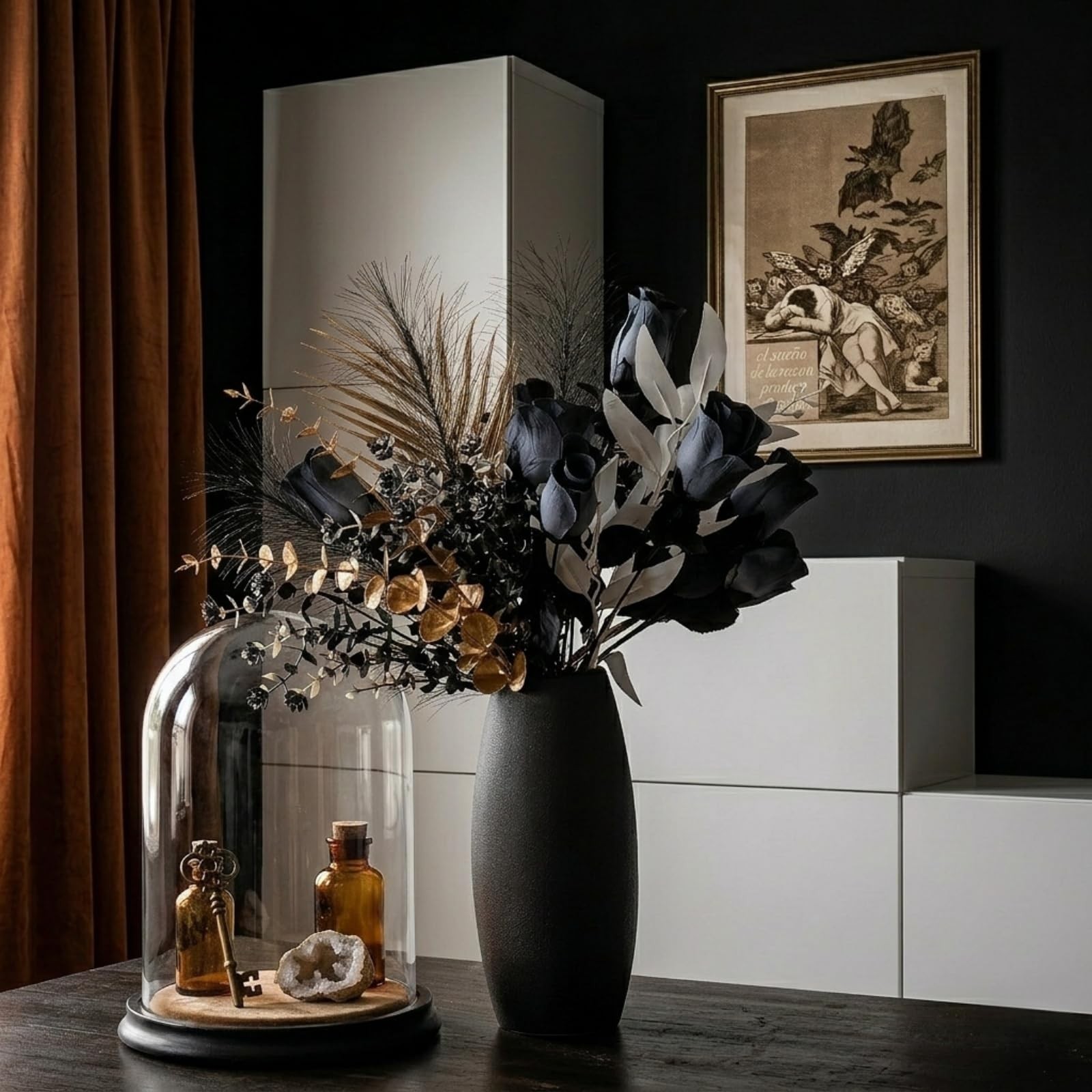 17 Inch Black Gold Artificial Rose Bouquet Metallic Eucalyptus Faux Silk
