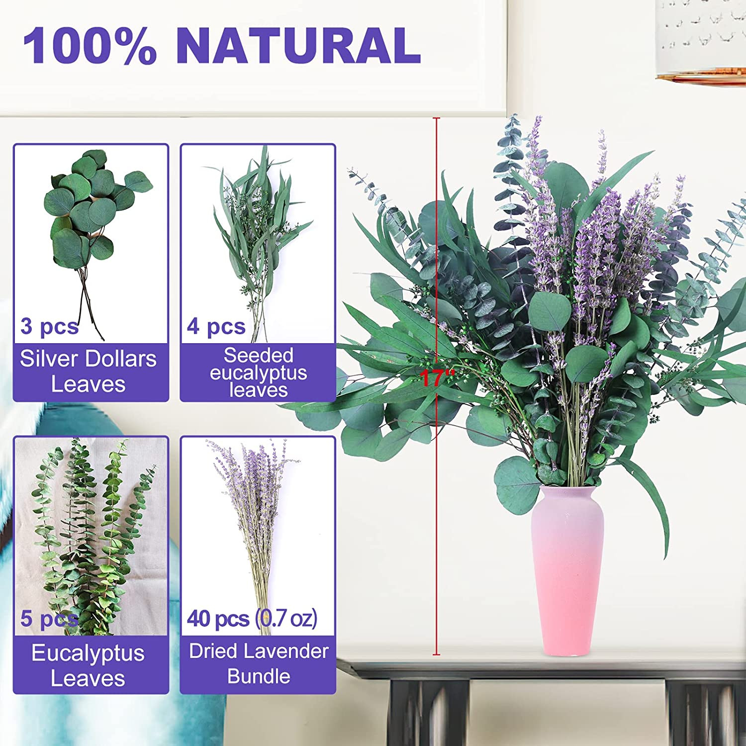 52 PCS Mix Dried Eucalyptus & Lavender Flowers Bundles for Shower, 17” Natural