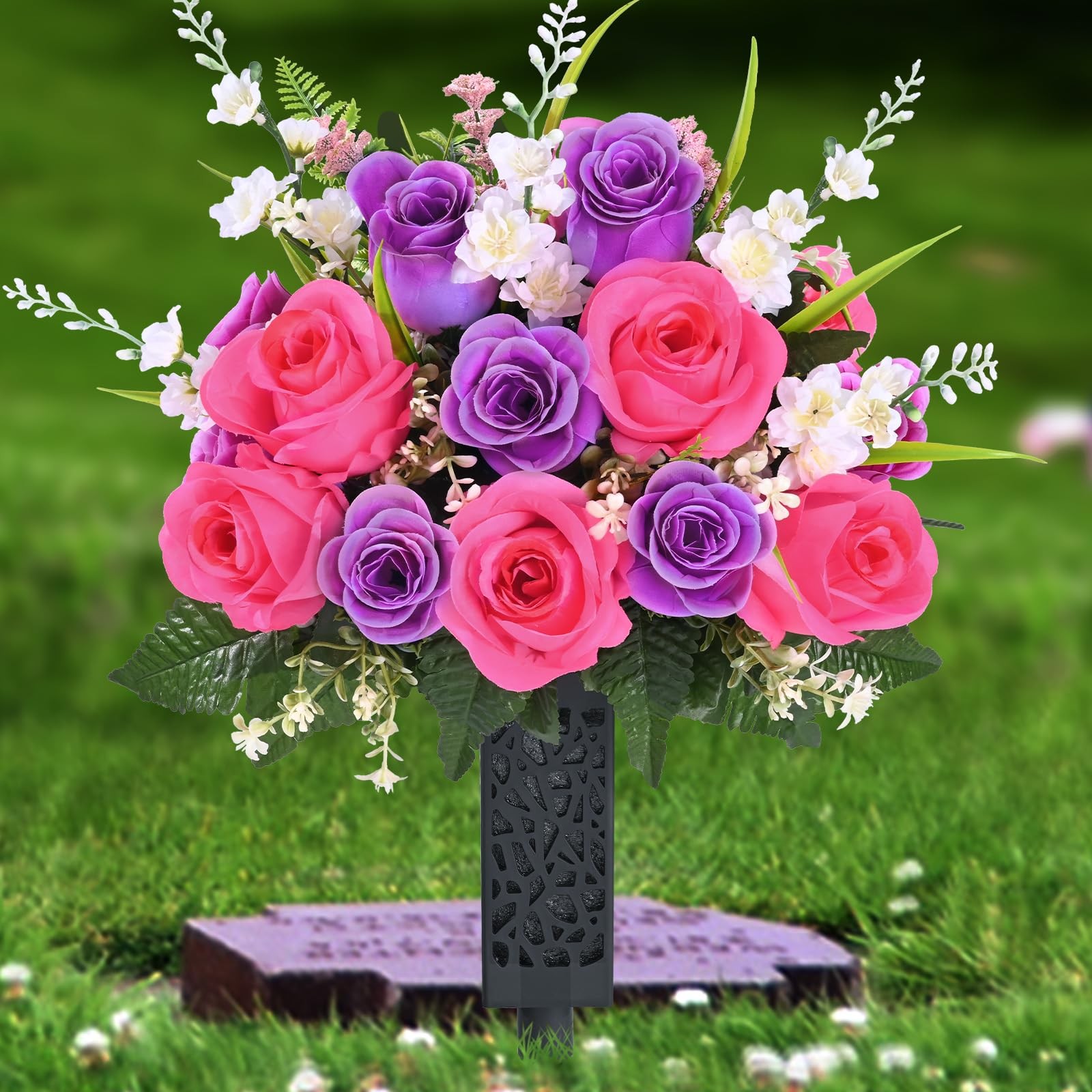 2 Sets Artificial Cemetery Flowers for Grave, Realistic Grave Flowers for Cem…