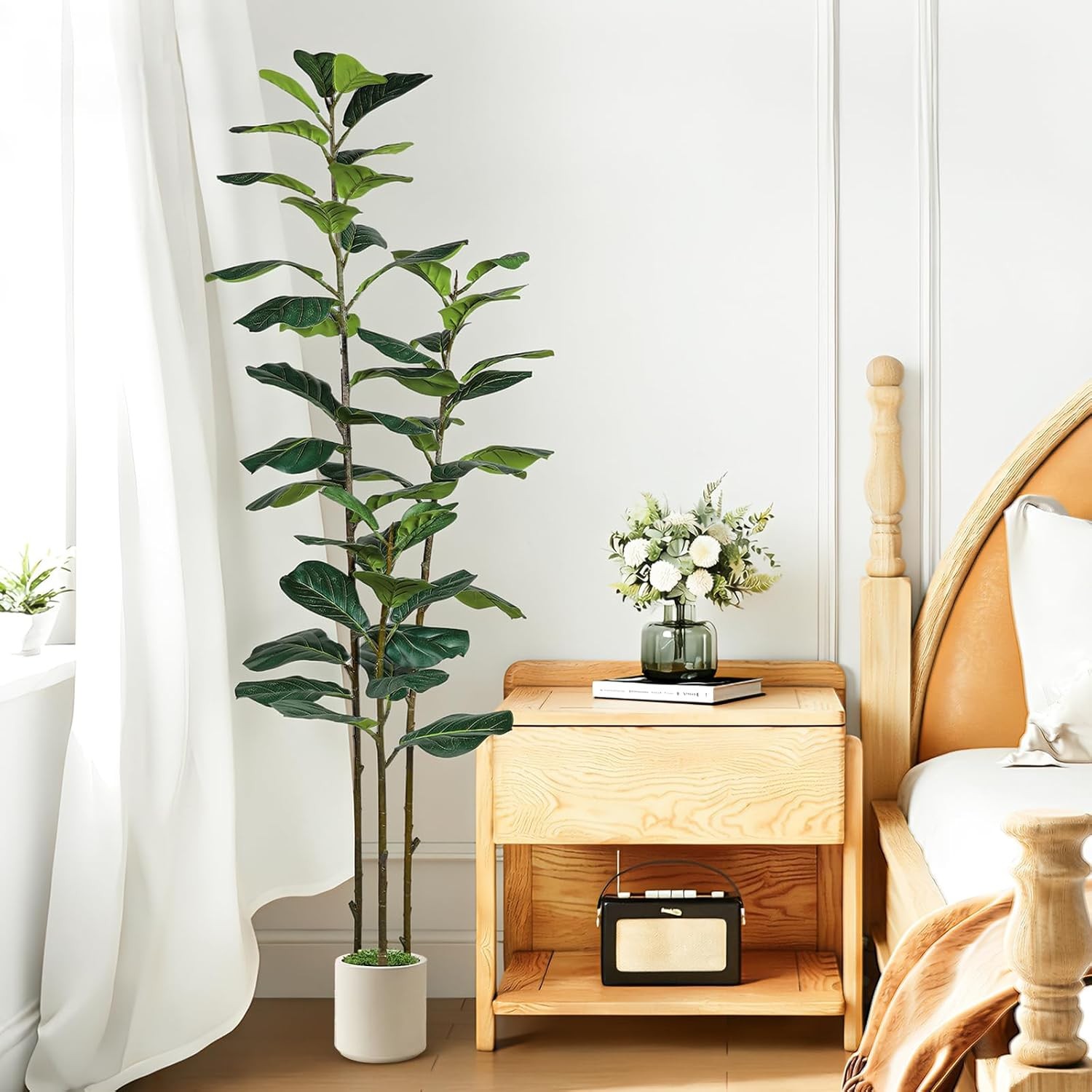 6FT Artificial Fiddle Leaf Fig Tree with White Planter Pot, 6 feet Tall Fake