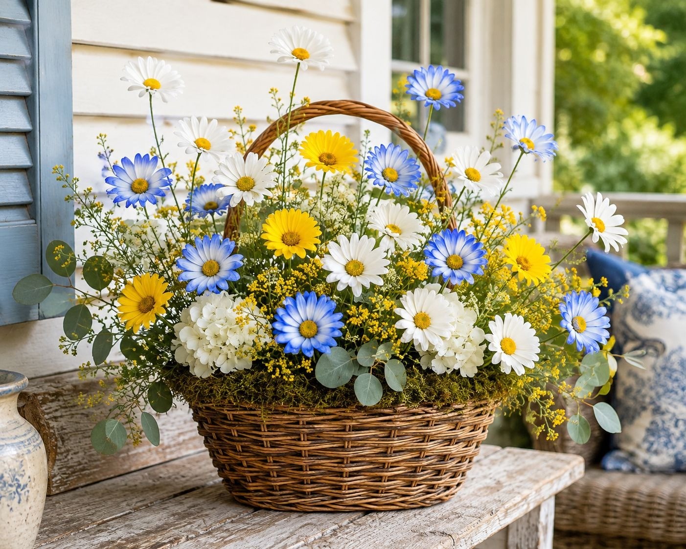 Mixed Color Artificial Daisy Stems Set of 7, Blue White Yellow Faux Silk Flowers