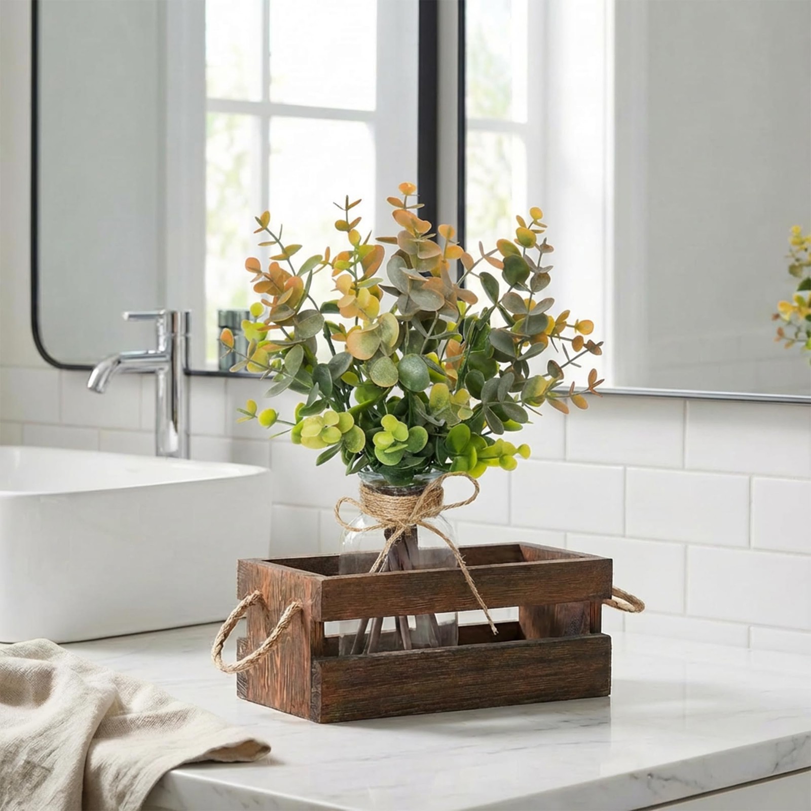 Artificial Eucalyptus Stems in Glass Vase with Faux Water,Combined with Wood …