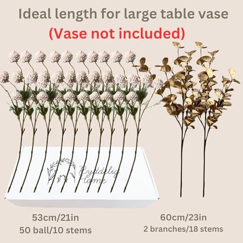 Artificial Flowers for Vase – Silk Mums 10 Long Stems with Eucalyptus, Beige