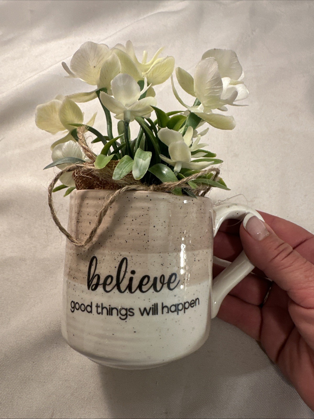 White Flowers Tan/White Pottery Mug Believe Good Things Will Happen