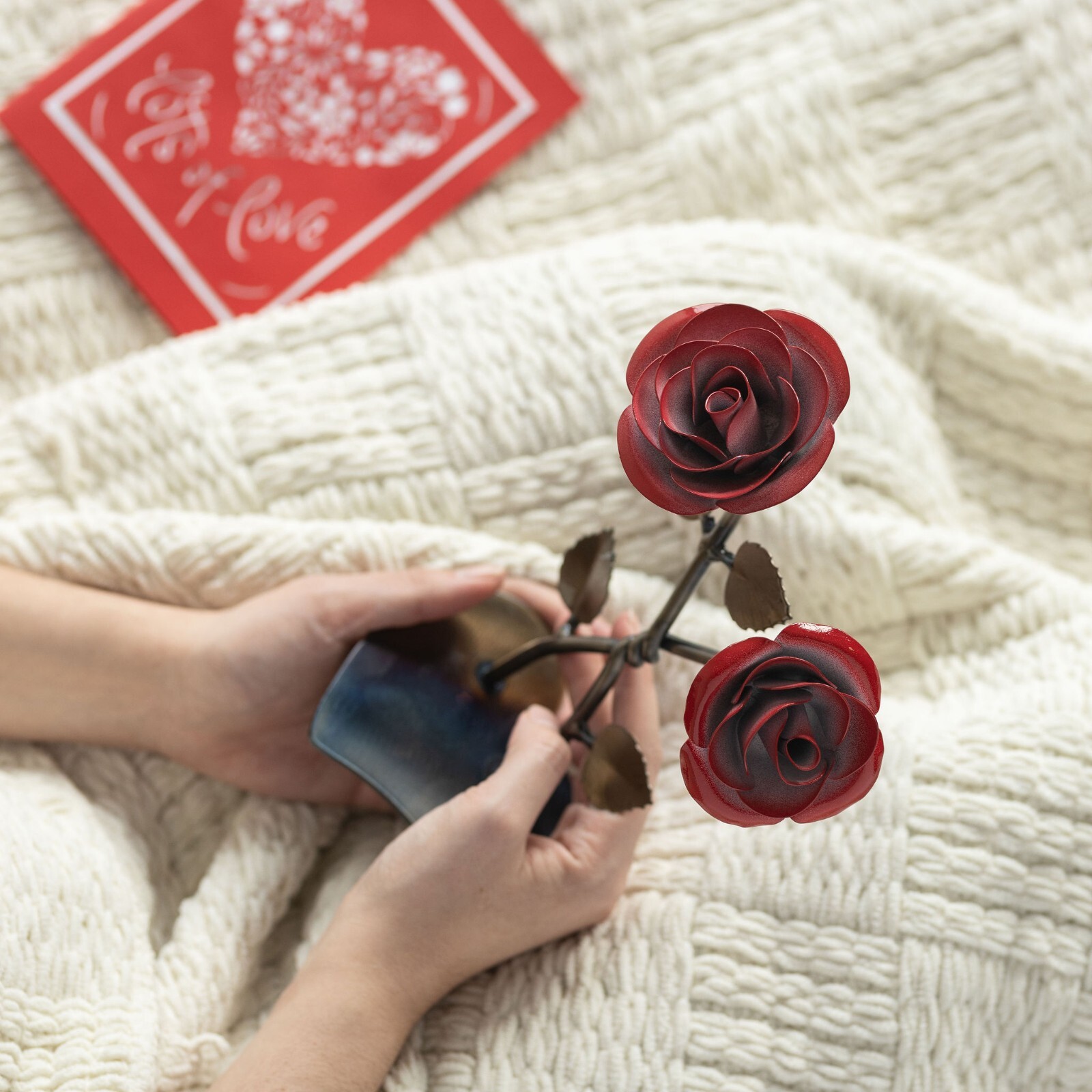 Hand-Forged Double Red Metal Rose with Twist – Iron Anniversary Gift