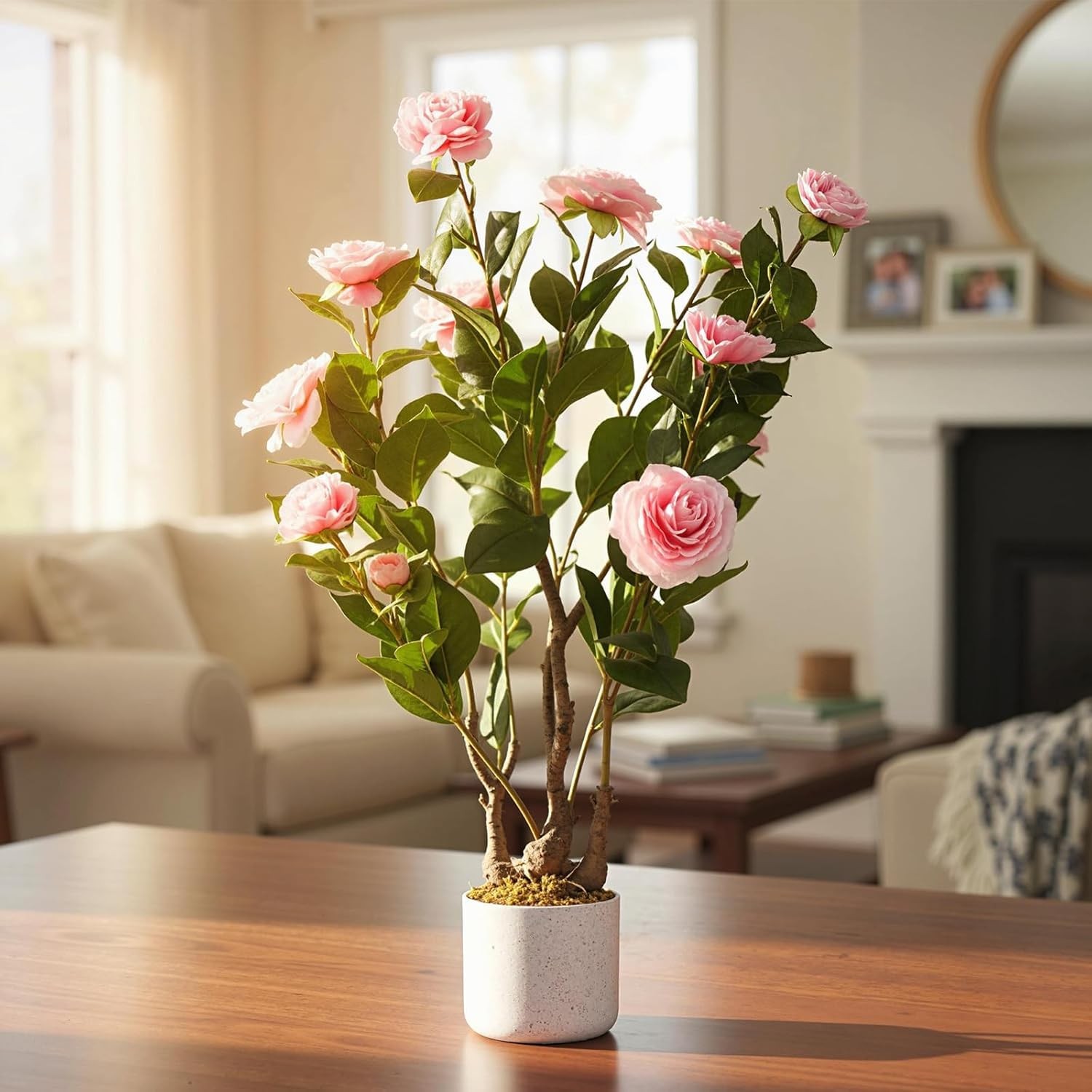 2.5FT Artificial Camellia Tree White Pot,Faux Pink Flower Plant for Home Decor