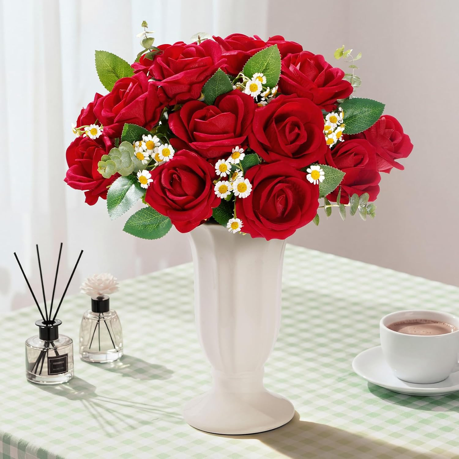 Classic Red Artificial Roses Flowers, Faux Long Stem Silk Roses Bulky for DIY We