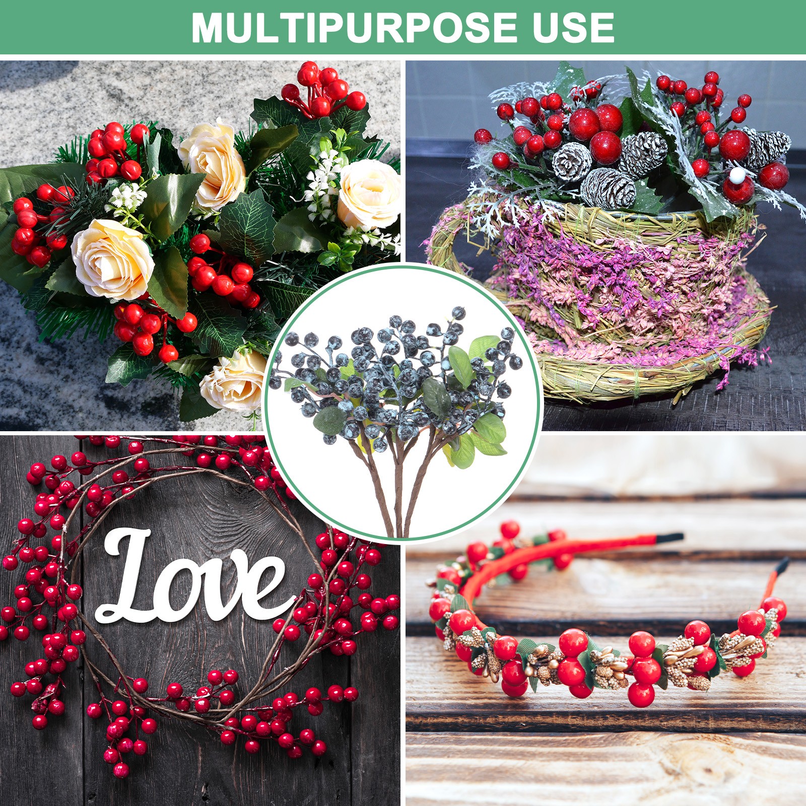 3-Pack Artificial Berry, 9.8 Inch for Home Decor/Wedding [Blueberry]