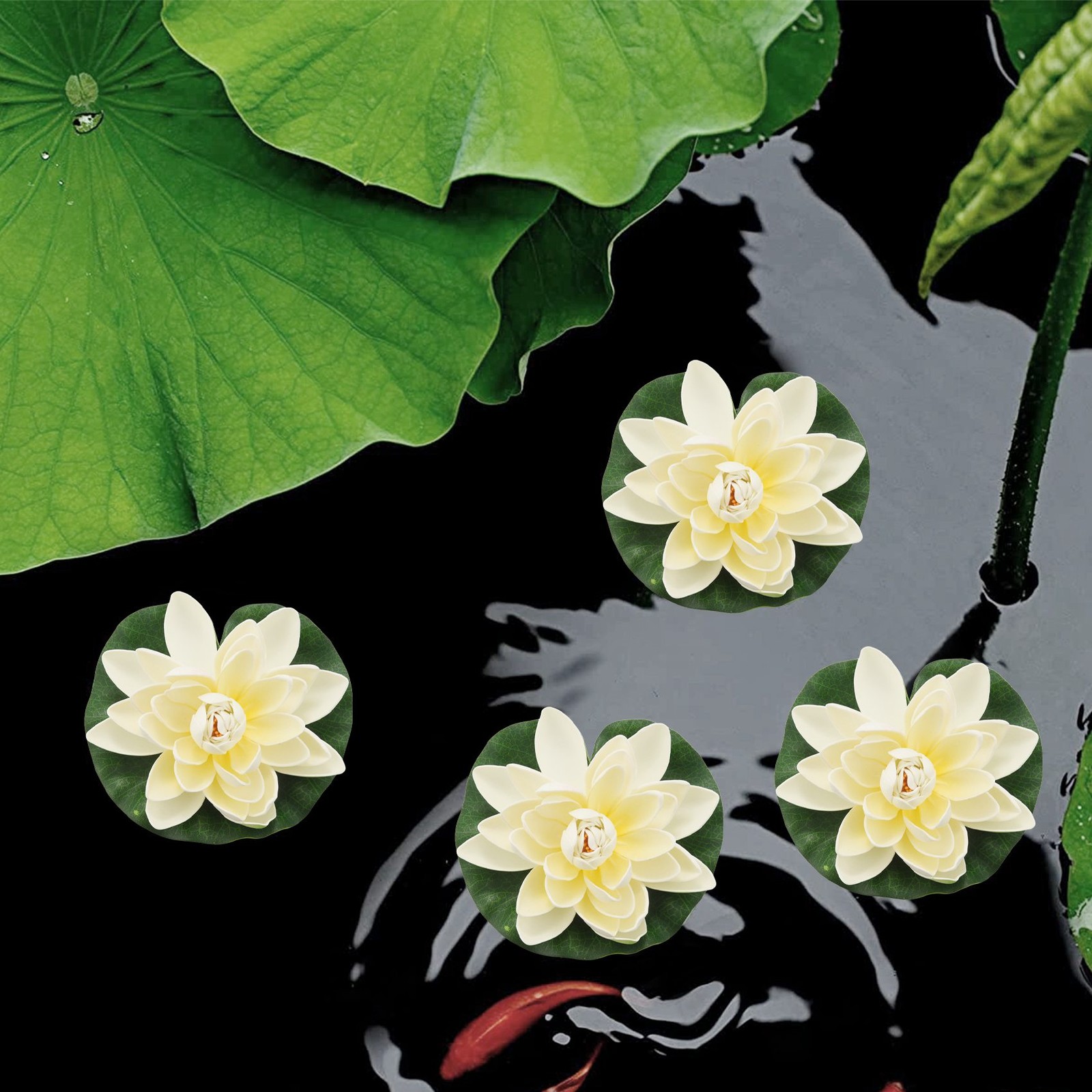 6Pcs Artificial Floating Foam Flowers,With Water Lily Pad Ornaments,Ivory2894