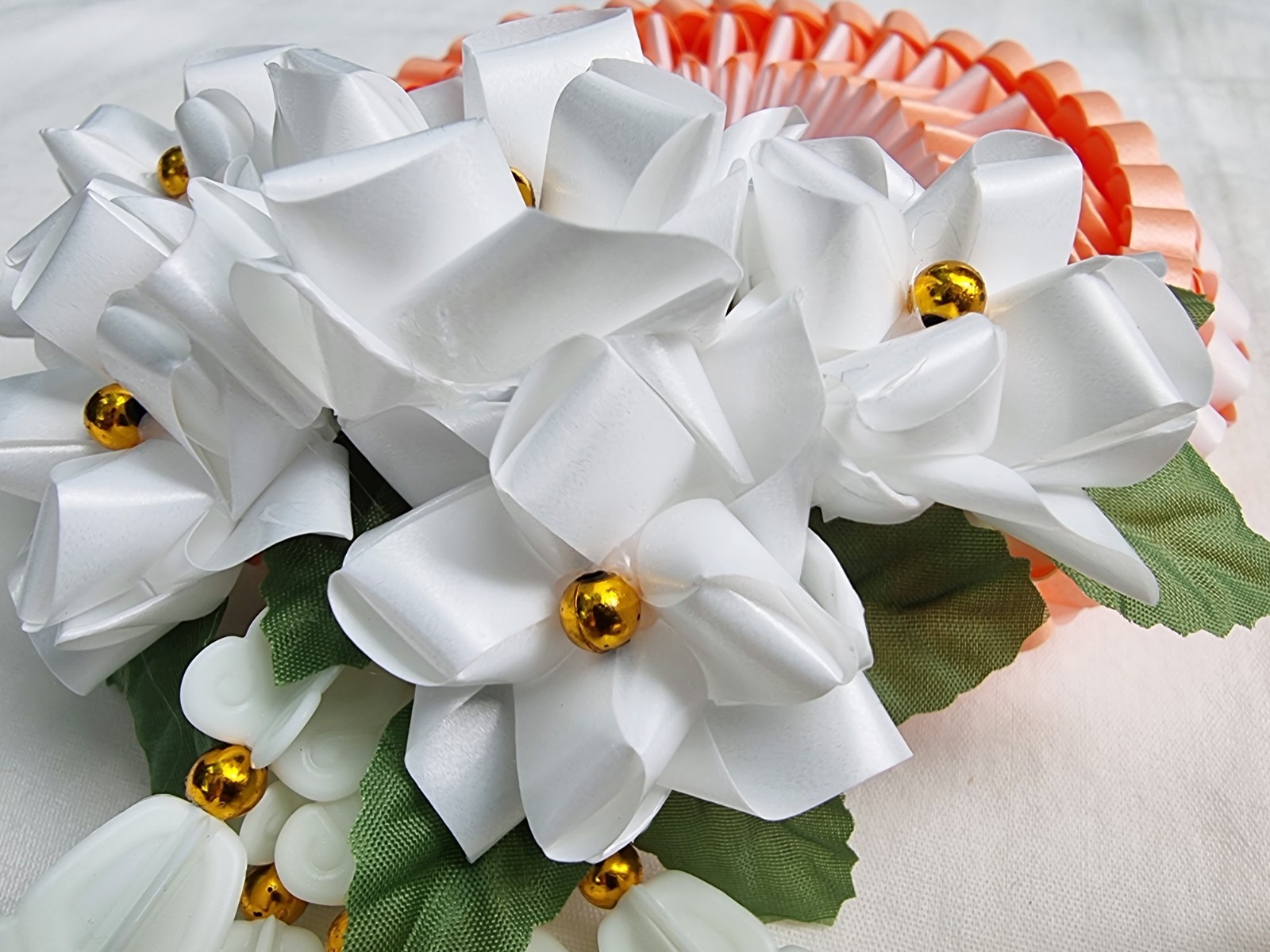 Ribbon folding art, Garland, Artificial Light Orange flowers made from plastic