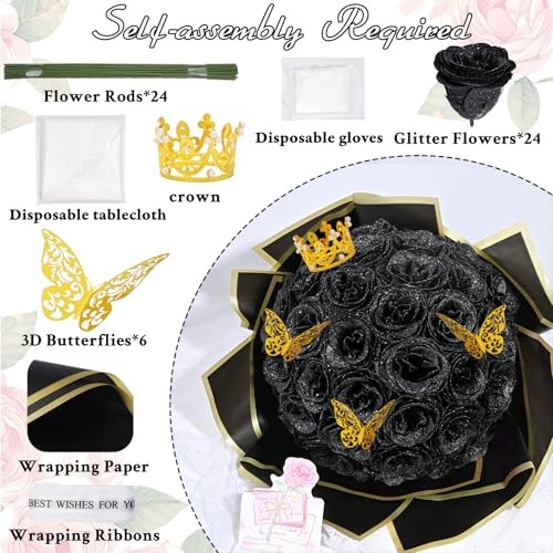Glitter Roses Bouquet, DIY Fake Flowers Bouquet, Birthday Gifts 24pcs Black