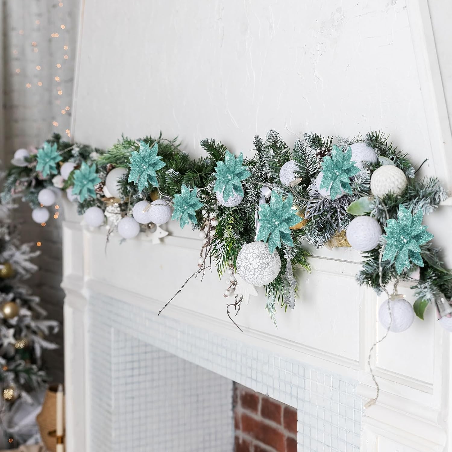 24 PCS Blue Green Glitter Poinsettia Clip-On Ornaments Christmas Tree Decor
