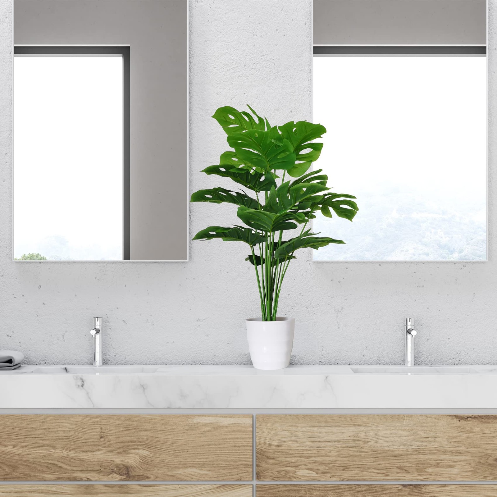 Set of 2 Artificial Monstera Deliciosa Plants in Pots, Fake Tropical Palm Tre…
