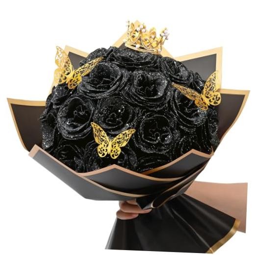 Glitter Roses Bouquet, DIY Fake Flowers Bouquet, Birthday Gifts 24pcs Black