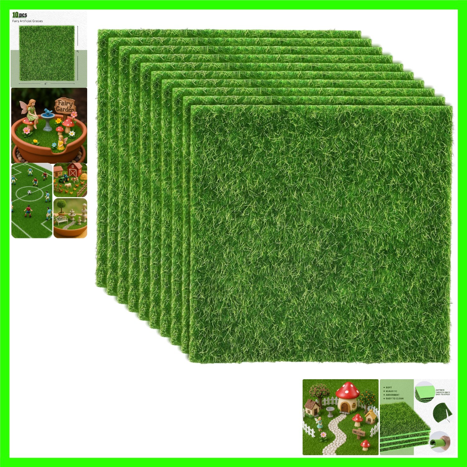 10 Packs 6″ x 6″ Fake Grass Decor, Artificial Grass for Crafts, Fairy Garden …