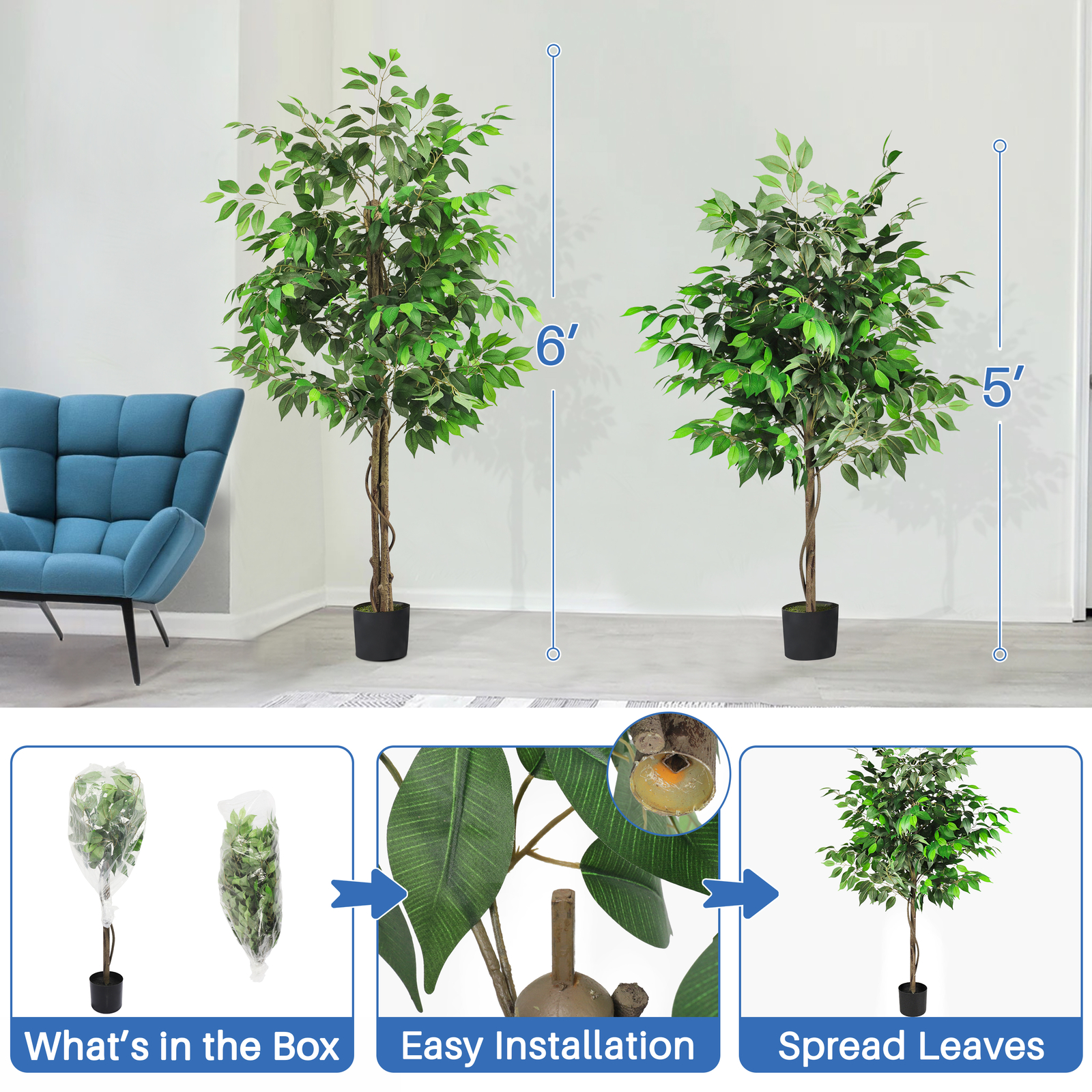 Artificial Ficus Tree Silk Faux Ficus Plant with Plastic Pot for Home Decor
