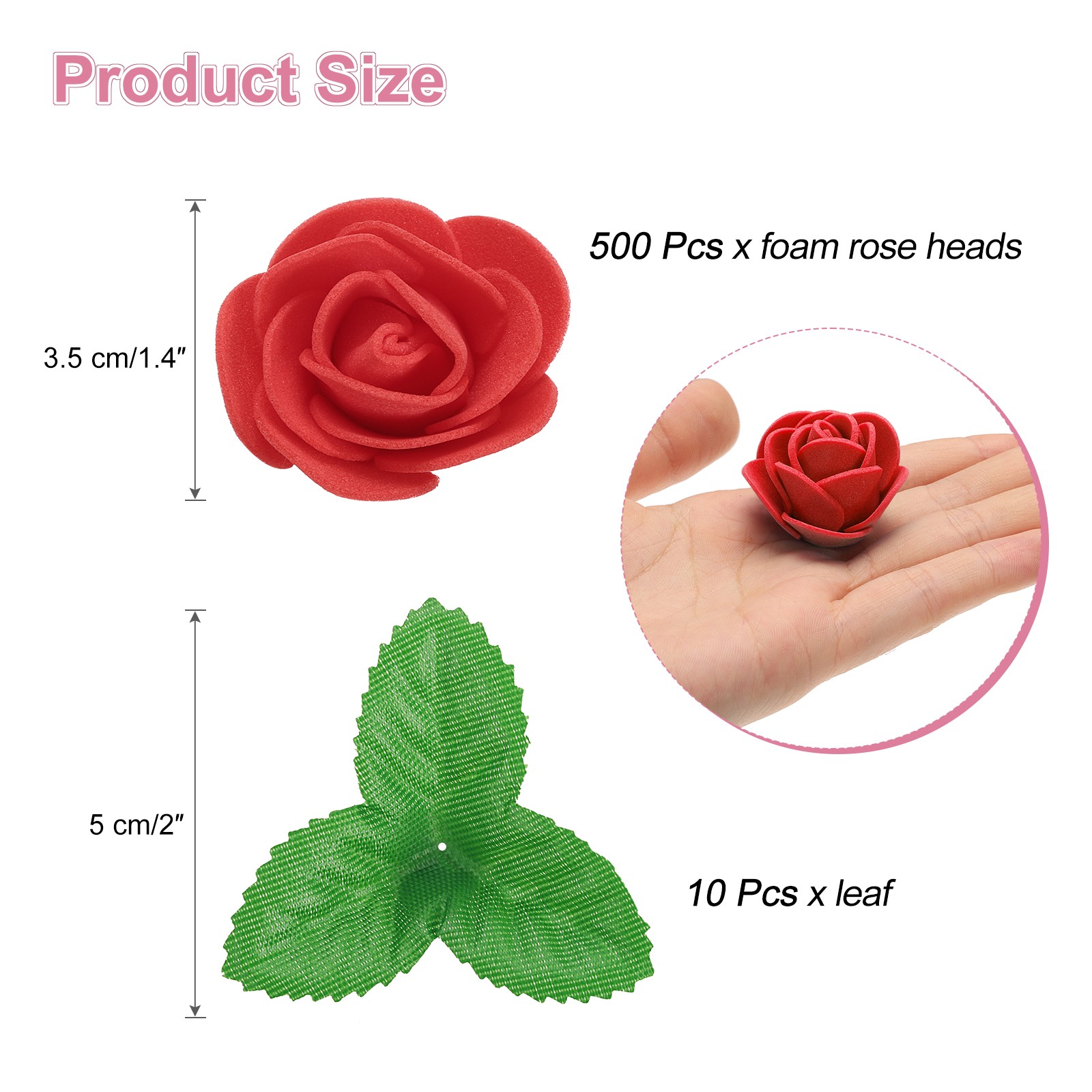 500pcs Foam Rose Heads 1.4 Inch with 10pcs Leaves for DIY Crafts Red