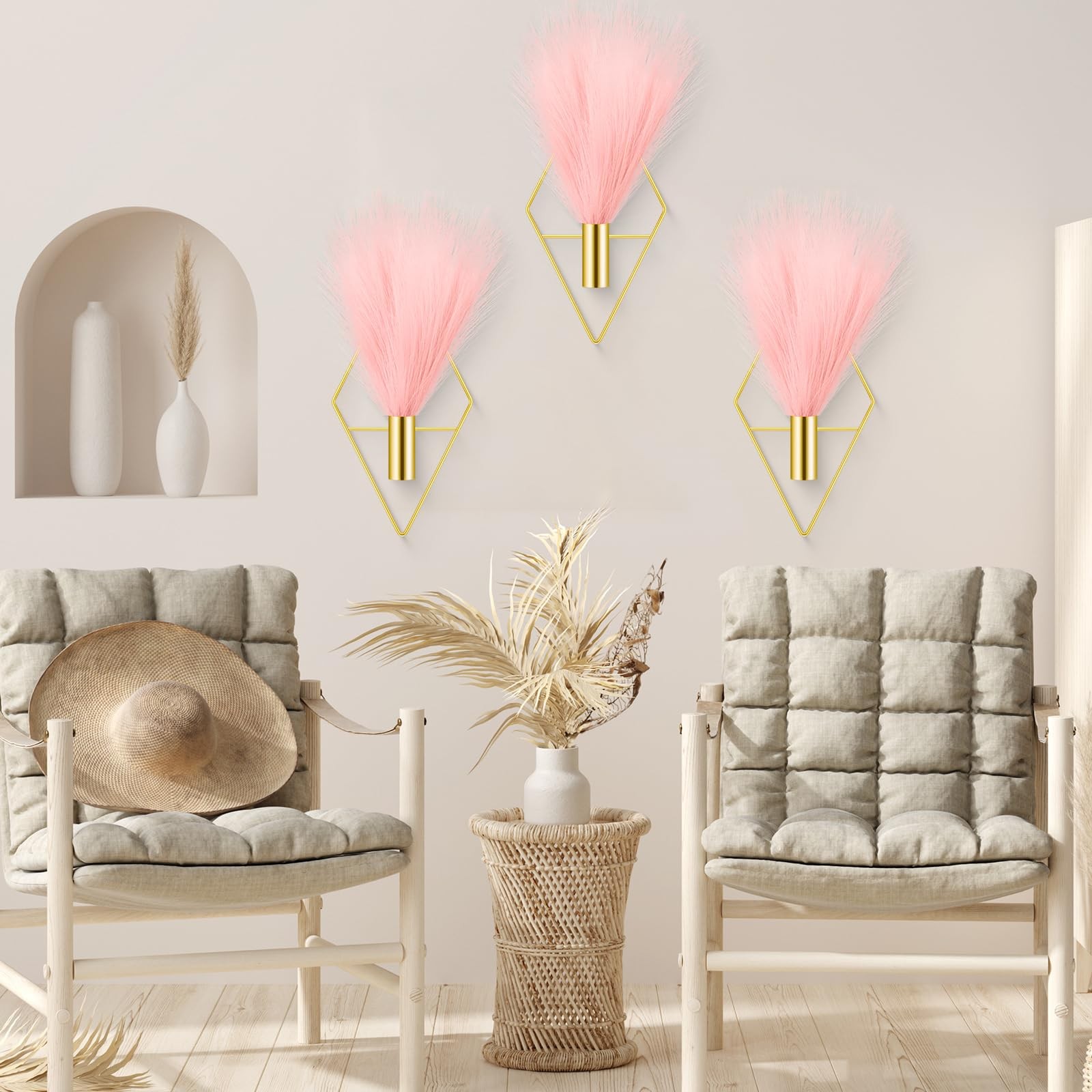 4 Sets Boho Gold Wall Decor Metal Wall Art Hanging Planters with Artificial P…