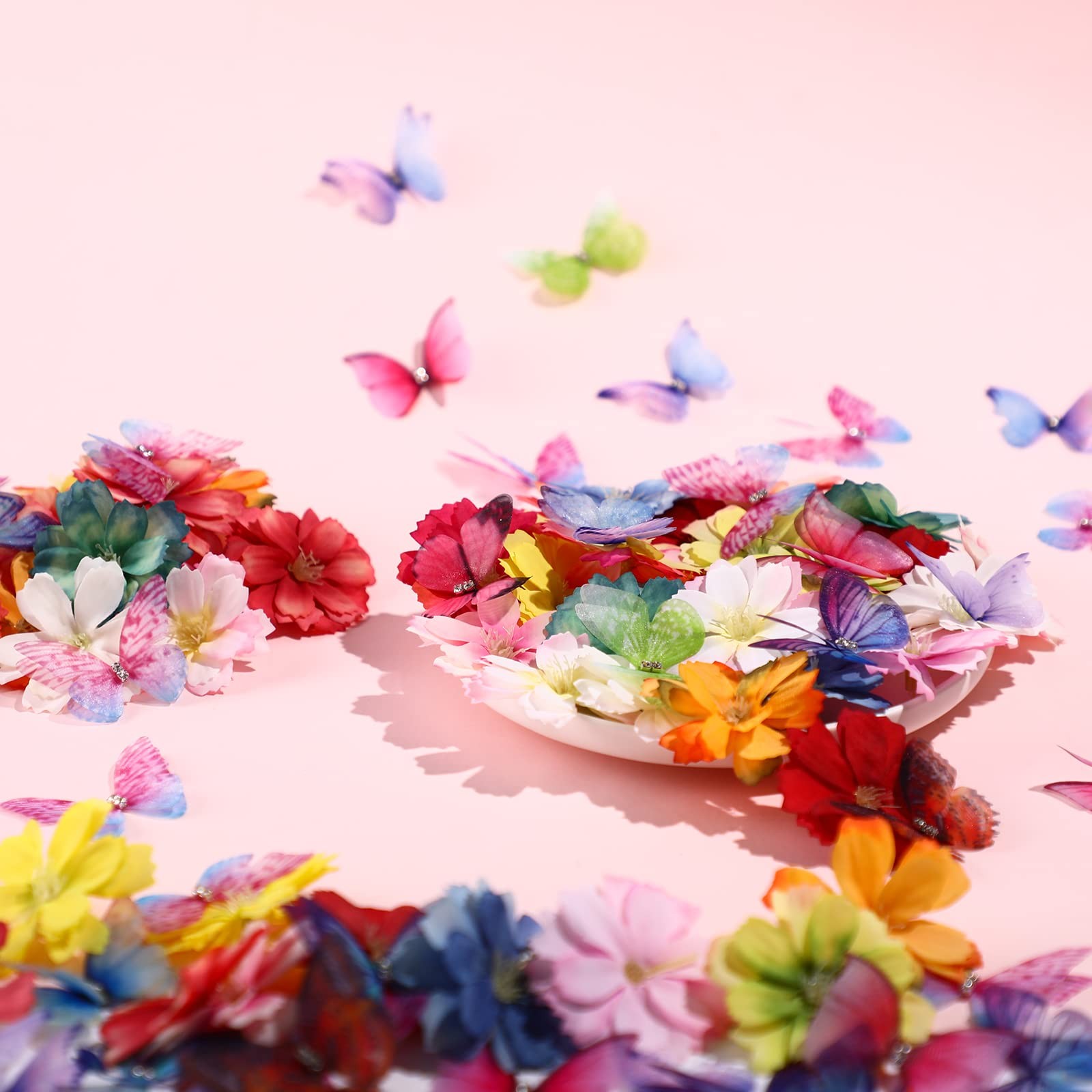 100 Pcs Faux Floral Head Organza Butterfly Set for Craft 50 3D Small Ribbon F…