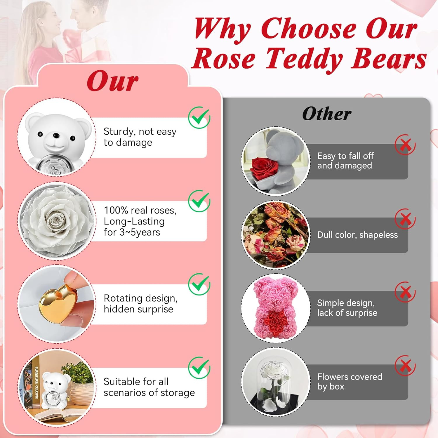 White Teddy Bear Preserved Real Rose Necklace Jewelry Box Gift for Her Valentine