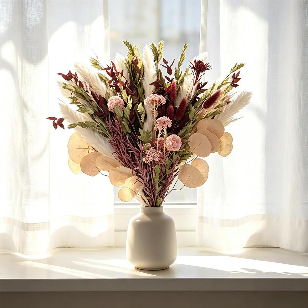 Blush Pink & Burgundy Dried Flower Bouquet, Cream Pampas Grass with Sage Gree…