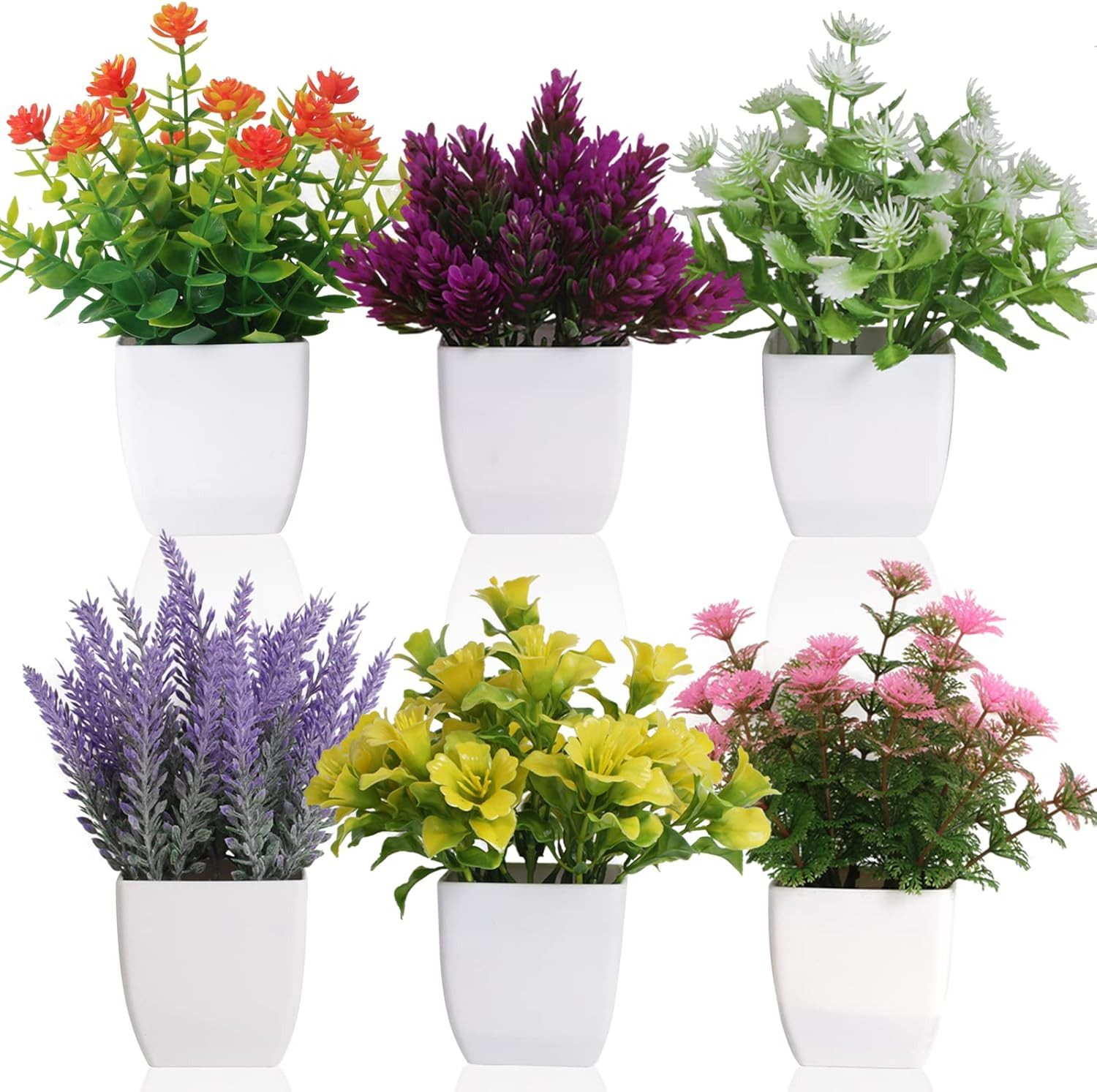 6 Pack Small Artificial Flower Potted Plants, Mini Faux Flowers in Pots | Colorf