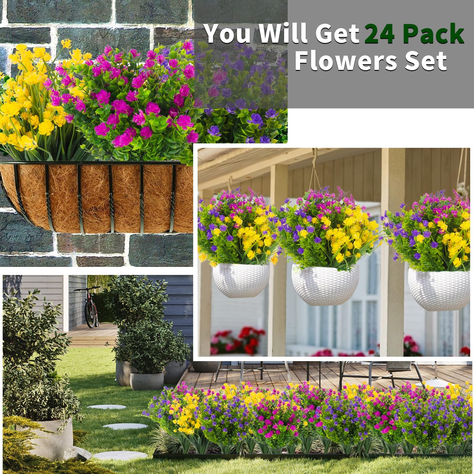 HIFIDECKY 24 Bundles Artificial Flowers Outdoors Faux Plants UV Resistant