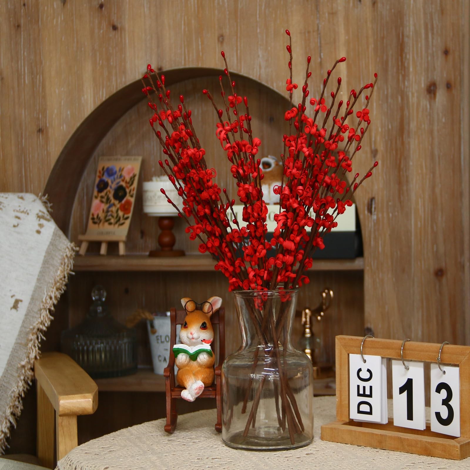 Red Flowers Artificial Jasmine 17.5 Inch Faux Patriotic Red Berries 10 PCS
