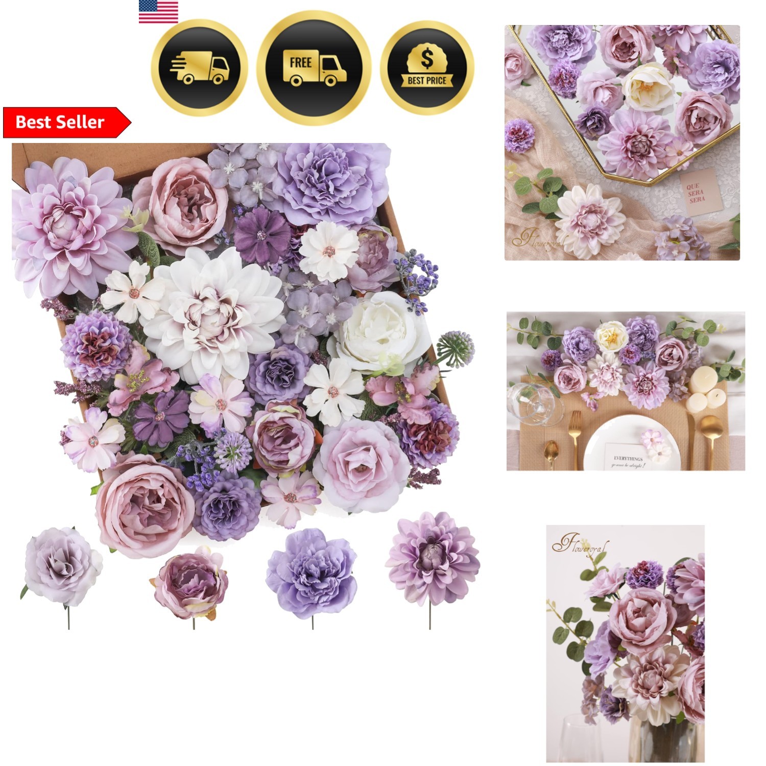 Artificial Flowers Combo Purple Silk Flowers Roses Dahlias Wedding Centerpieces