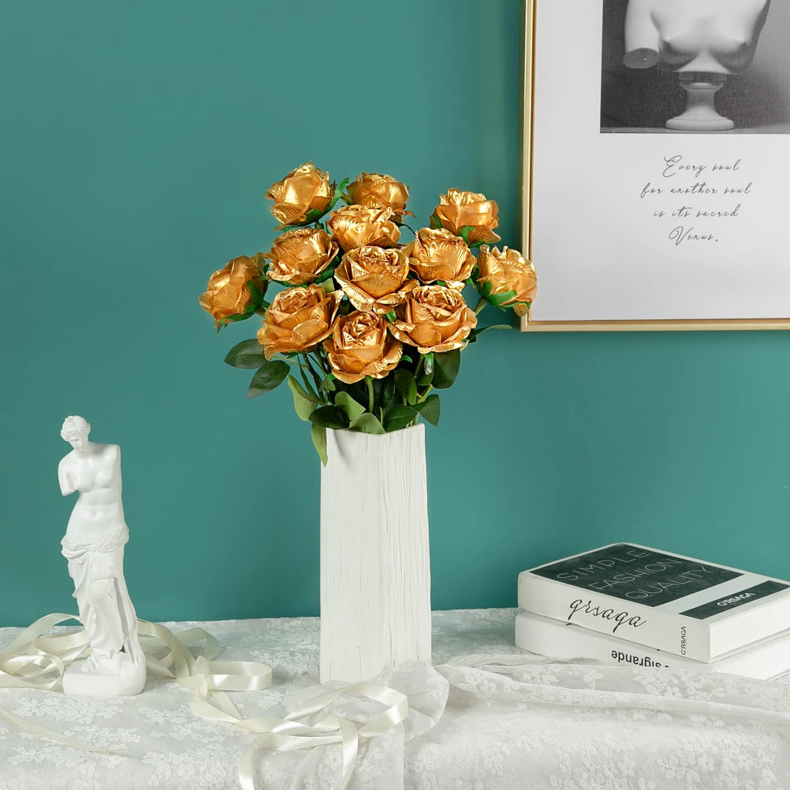 12 Pcs Gold Artificial Flowers Realistic Blooming Rose For Home Decor Weddings
