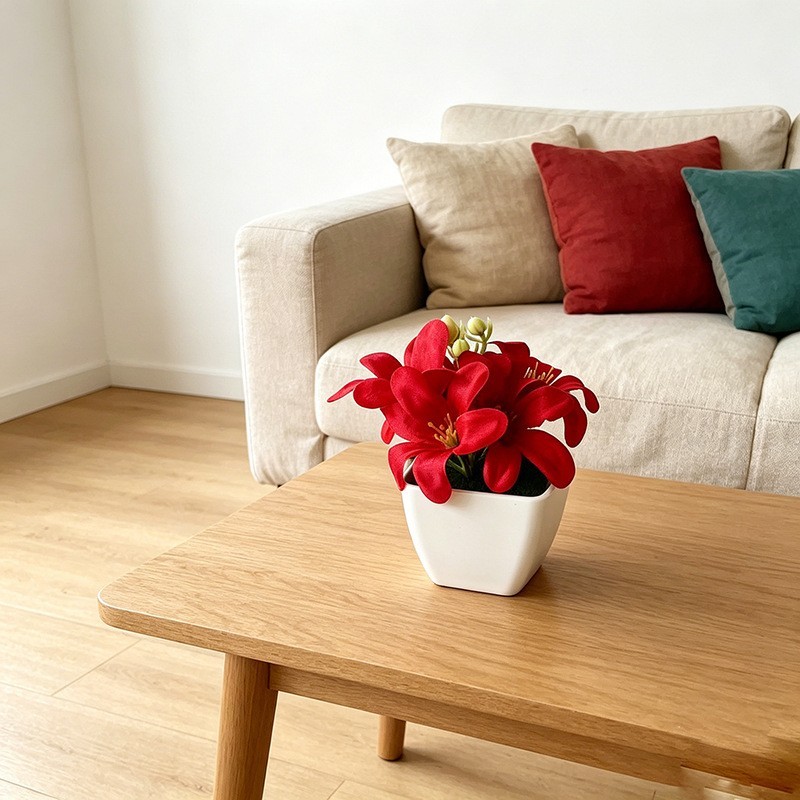 Plastic Miniature Lily Potted Plant 4.3 Inches for Small Space Decoration