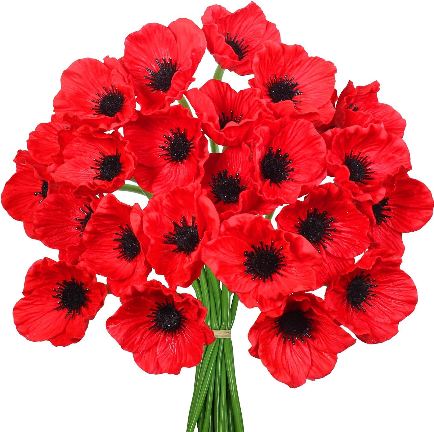 24 pcs Artificial Red Poppy Anemone Stems PU Real Touch Poppy Anemones Fake