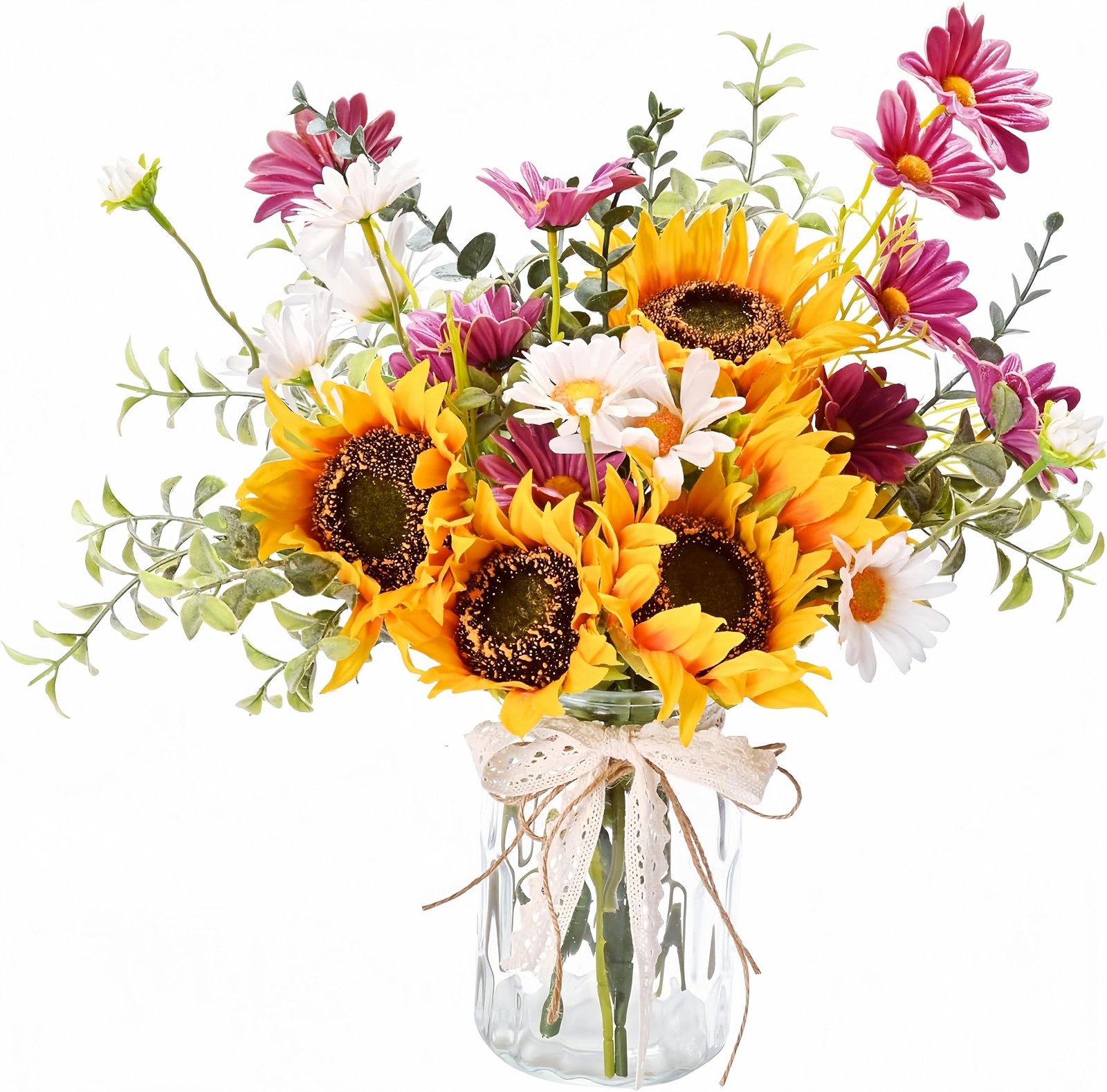 Artificial Sunflower, Daisy Bouquet, Vase, Faux Flowers, Centerpiece, Decor