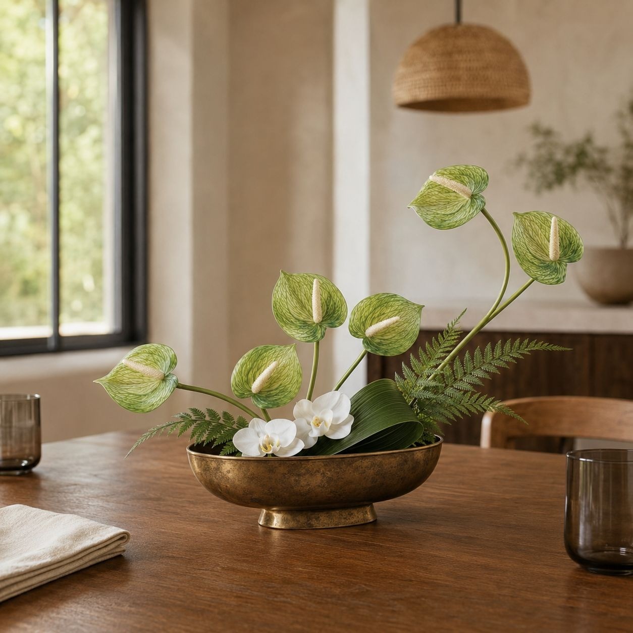 Soft Green Artificial Anthurium Stems, Set of 6, 11 Inch Real Touch Flowers