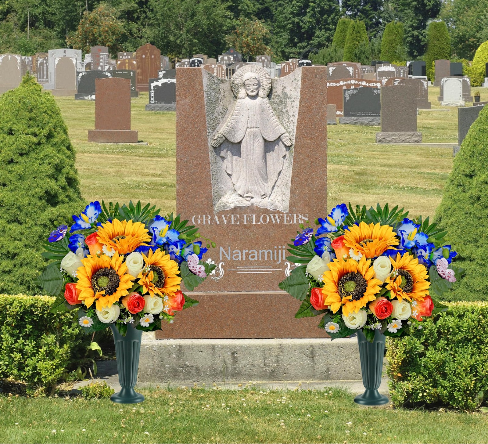 Artificial Cemetery Flower Bouquet Sunflower Rose Cattleya With Vase