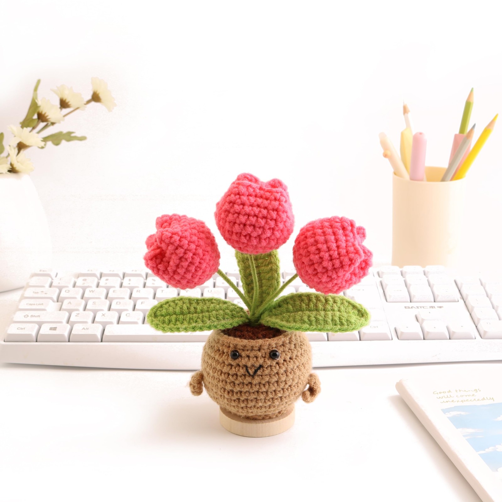 Crochet Mini Tulip Wool Potted Doll HandMade Desk Souvenir Rose Red 1 PC