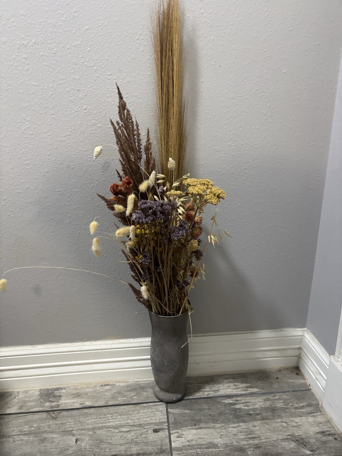 Fresh Dried Flower Arrangement in Gray Vase with Brown, Yellow, Purple, Cream