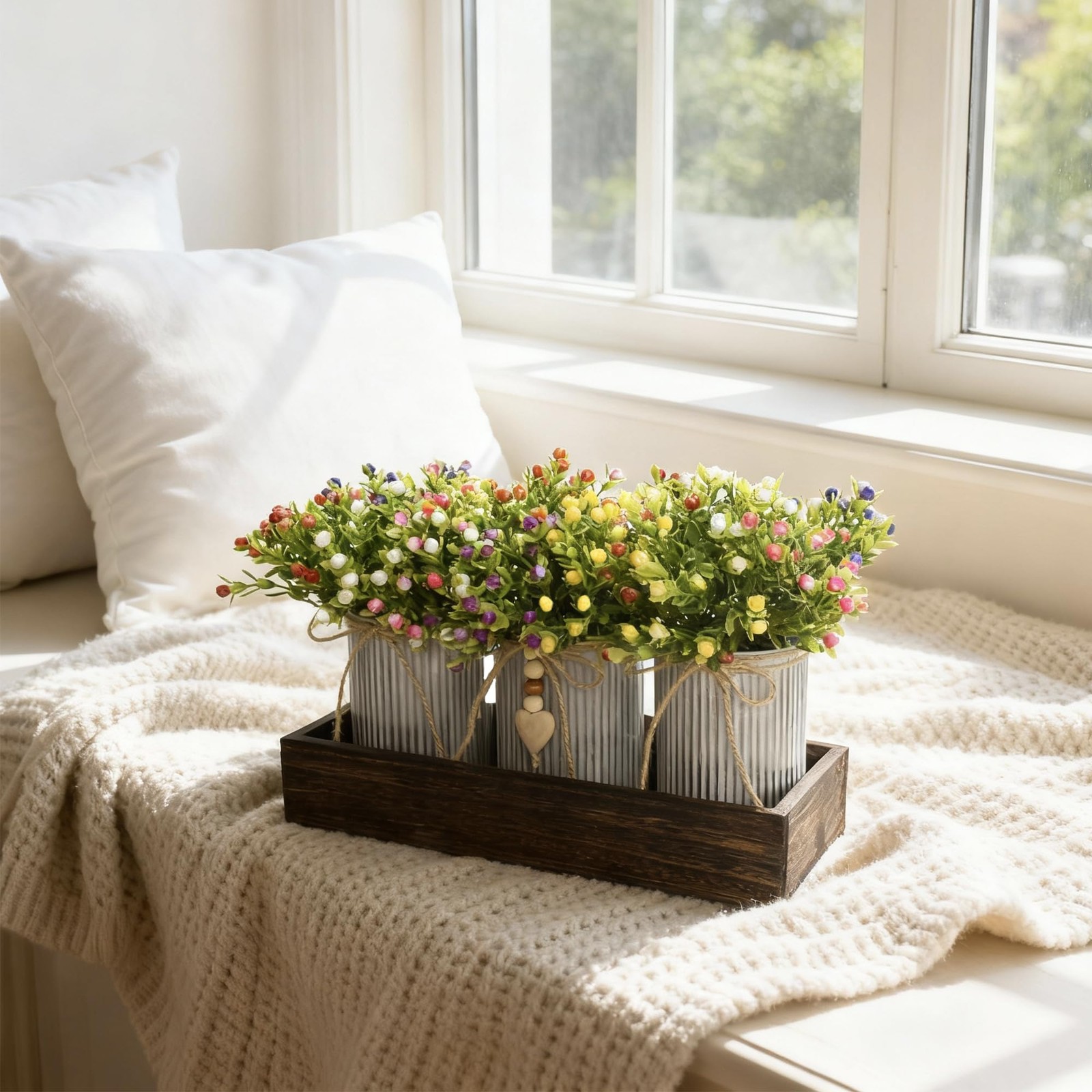 Artificial Milan Flower Bouquet Table Centerpiece 3MetalPot Tray Home Decor