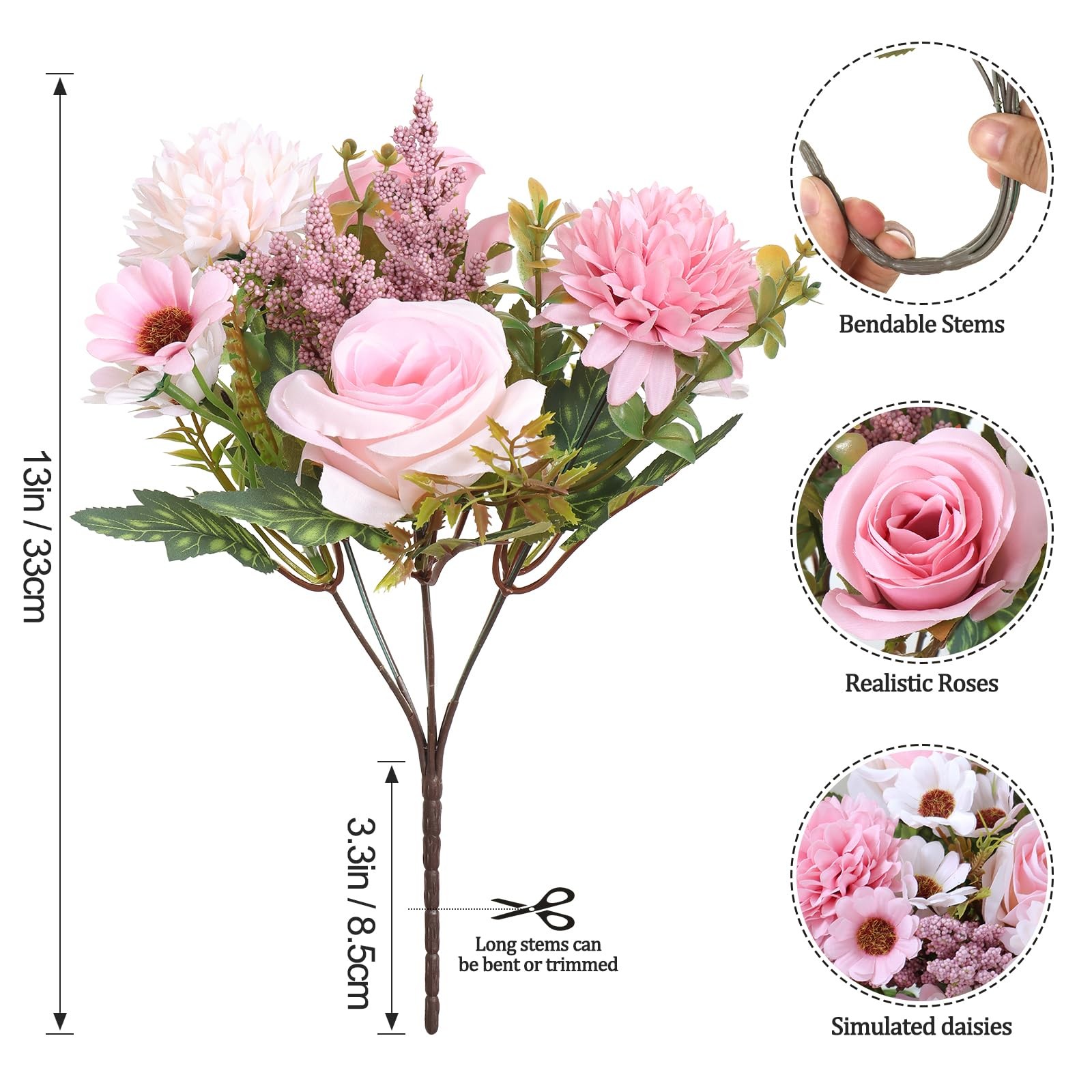 Artificial Flowers Like Real Bouquet 4 Packs Silk Roses Daisy Pink