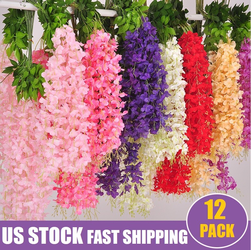 12× Colorful Artificial Wisteria Vine Hanging Flower 3.6 Ft Wedding Garden USA