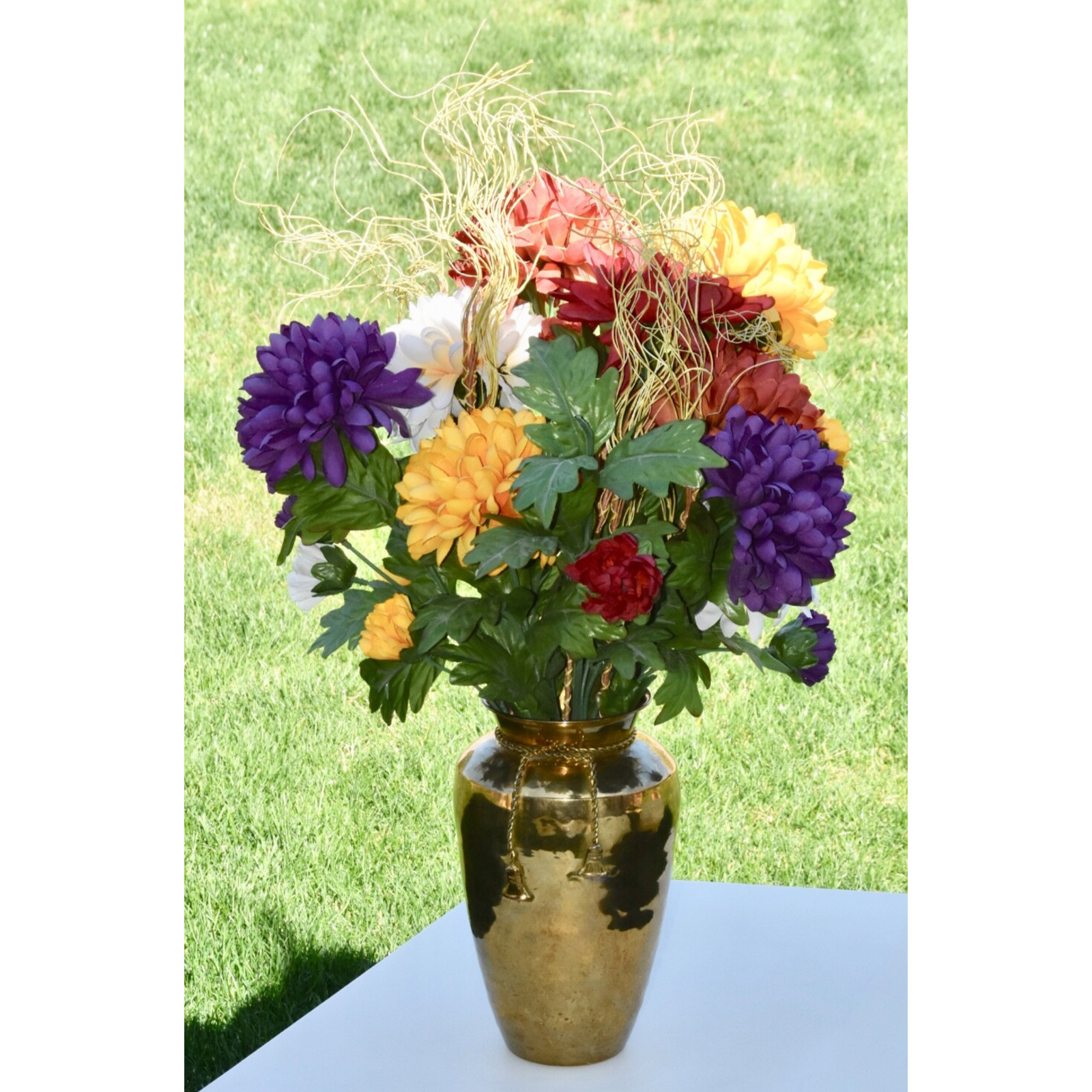 Hollywood Regency Aged Gold Trompe l’Oeil Rope & Tassel Silk Floral Brass Vase