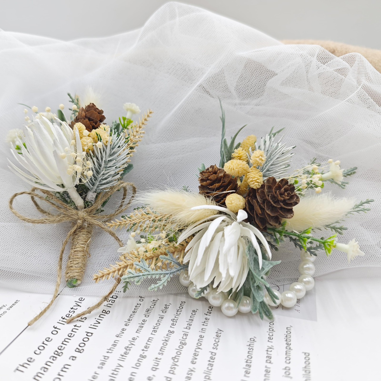 2 PCS Dried Rustic Artificial Wrist Corsage Boutonniere Set Bride Groom Prom