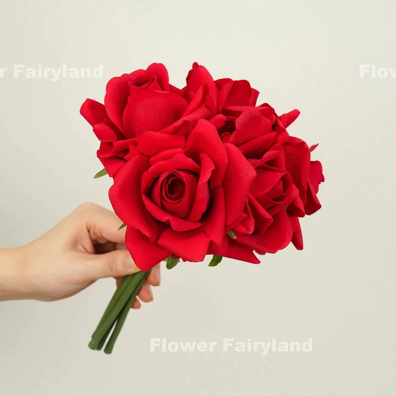5 Stems Real Touch Moist Latex Rose Bouquet – Bright Red | Artificial Flower