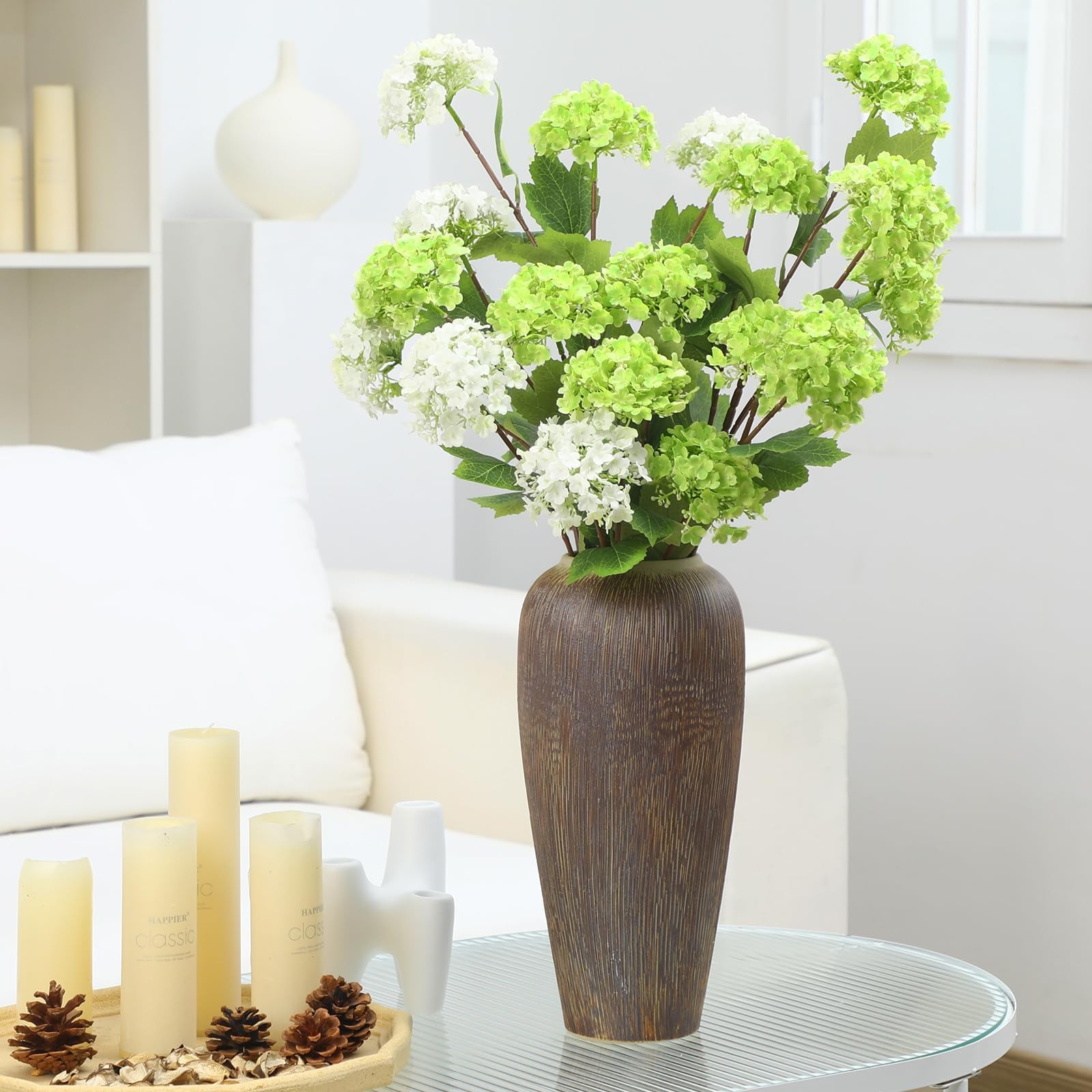 6 Pcs White and Green Hydrangea Artificial Flowers 30.3″ Faux Hydrangea Flowe…